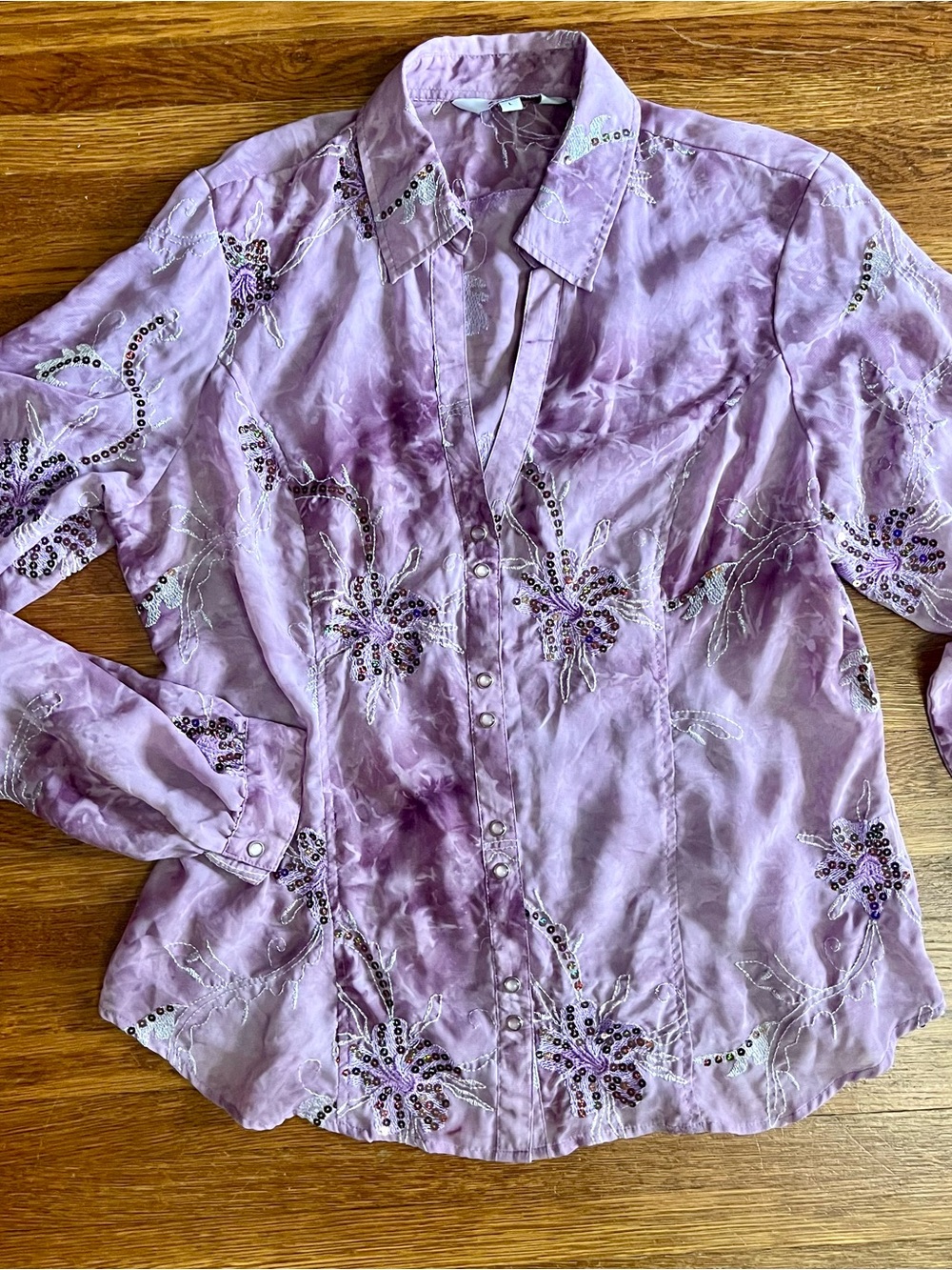 Roper L sheer sequin pearl snap purple rodeo cowgirl western floral